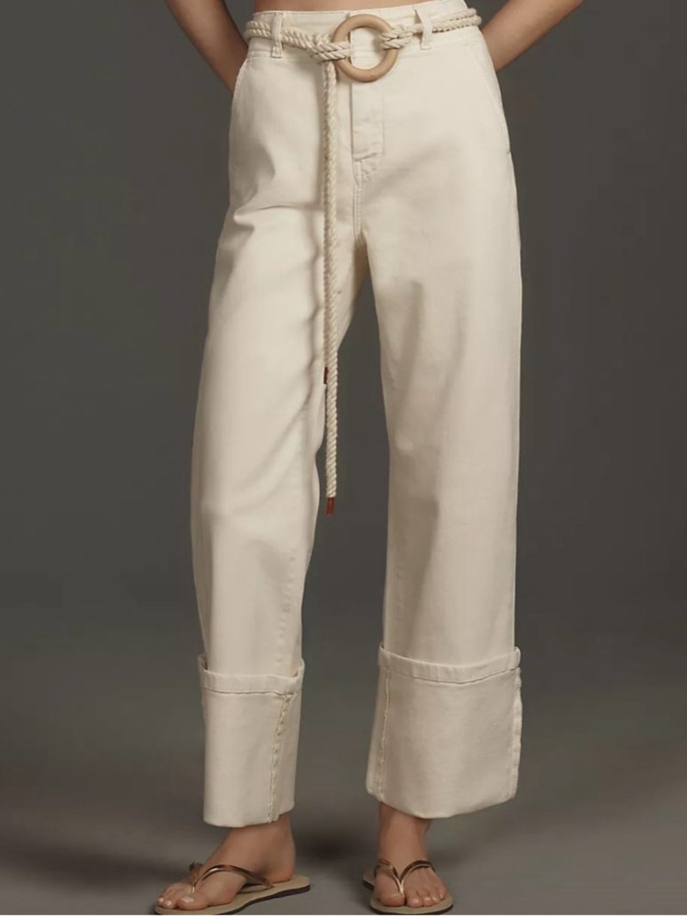 Anthropologie Pilcro Cream High-Waist Wide Leg Cuff Pants Ecru White | 27